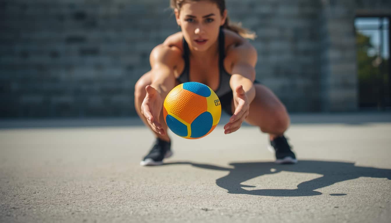 Realistic photo of an athletic person catching a bright colored multi-sided reaction ball outdoors, the irregular bouncing ball is mid-air between the ground and their hands, person in athletic wear crouched in ready position with hands extended, focused expression tracking the ball's movement, concrete or asphalt surface visible, natural daylight, sharp focus on both person and ball, dynamic sports training photography, candid action shot. Softball Hand-eye Coordination.
