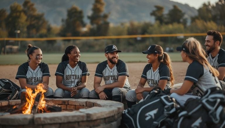 Realistic photo of a softball team of men and women sitting together in a casual outdoor retreat setting, players relaxed and laughing around a campfire or picnic area, mix of team bonding and natural scenery, softball equipment like gloves or bags visible nearby, golden hour lighting, mountain or lake backdrop, genuine smiles and camaraderie, cozy team gathering atmosphere, professional lifestyle photography style. Softball team retreat ideas