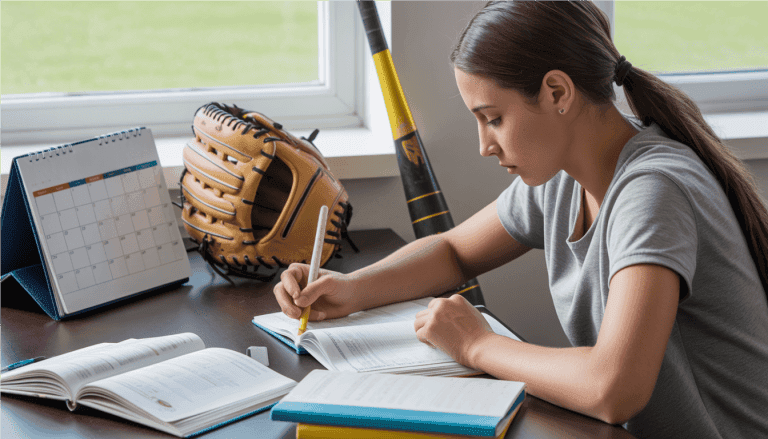 Young softball teenager studying homework at home, surrounded by sports gear and books. Softball Time Management