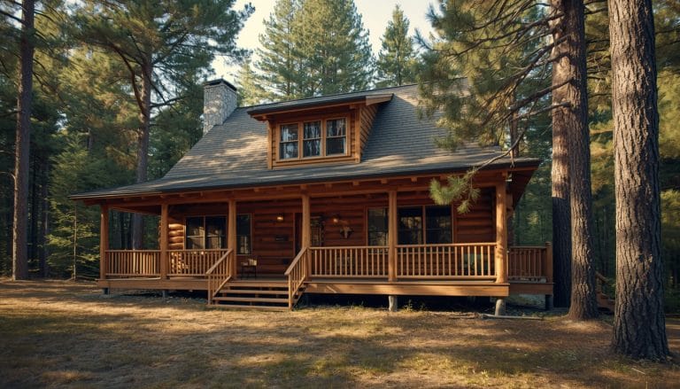Realistic photo of a rustic wooden cabin exterior nestled in the woods, cozy lodge-style building with large windows and front porch, pine trees surrounding the cabin, natural forest setting, warm afternoon sunlight filtering through trees, inviting and peaceful retreat atmosphere, professional travel photography style