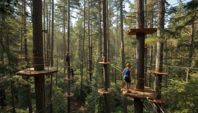 Realistic photo of an outdoor high ropes course with wooden platforms connected by rope bridges and cable obstacles suspended between tall trees, challenging team building course visible at various heights, safety harnesses and cables visible, forest canopy setting, participants wearing helmets navigating the course, bright natural daylight filtering through trees, adventure and teamwork atmosphere, professional outdoor activity photography style