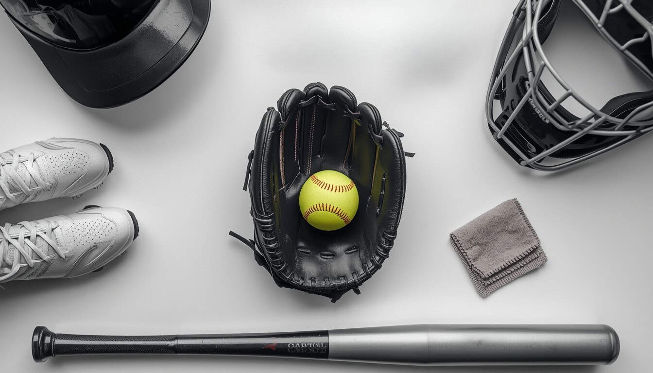 Image is a high-resolution, top-down photograph featuring a neatly arranged collection of baseball and softball equipment on a smooth, white surface. Central to the composition is a black leather baseball glove holding a bright yellow softball with red stitching. Surrounding the glove are various items: a pair of white athletic shoes with intricate lacing, a black baseball helmet with a glossy finish, a silver metal bat with black and red lettering, and a black and silver catcher's mask. There is a folded gray cloth. The layout is symmetrical and organized, emphasizing the contrast between the dark and light elements, creating a visually appealing and balanced composition. Shows softball equipment maintenance.