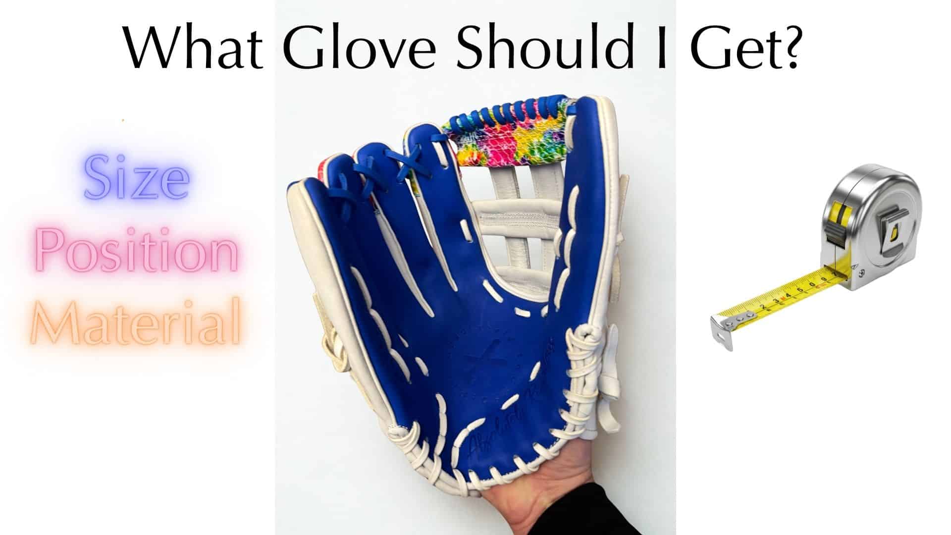 Professional product photography of a premium leather softball glove in rich brown tan color, positioned at 45-degree angle on clean white surface with soft shadows, glove is open showing deep pocket and detailed stitching, surrounded by subtle flat-lay elements including measuring tape, small labeled cards showing "SIZE" "POSITION" "MATERIAL", softball beside glove.